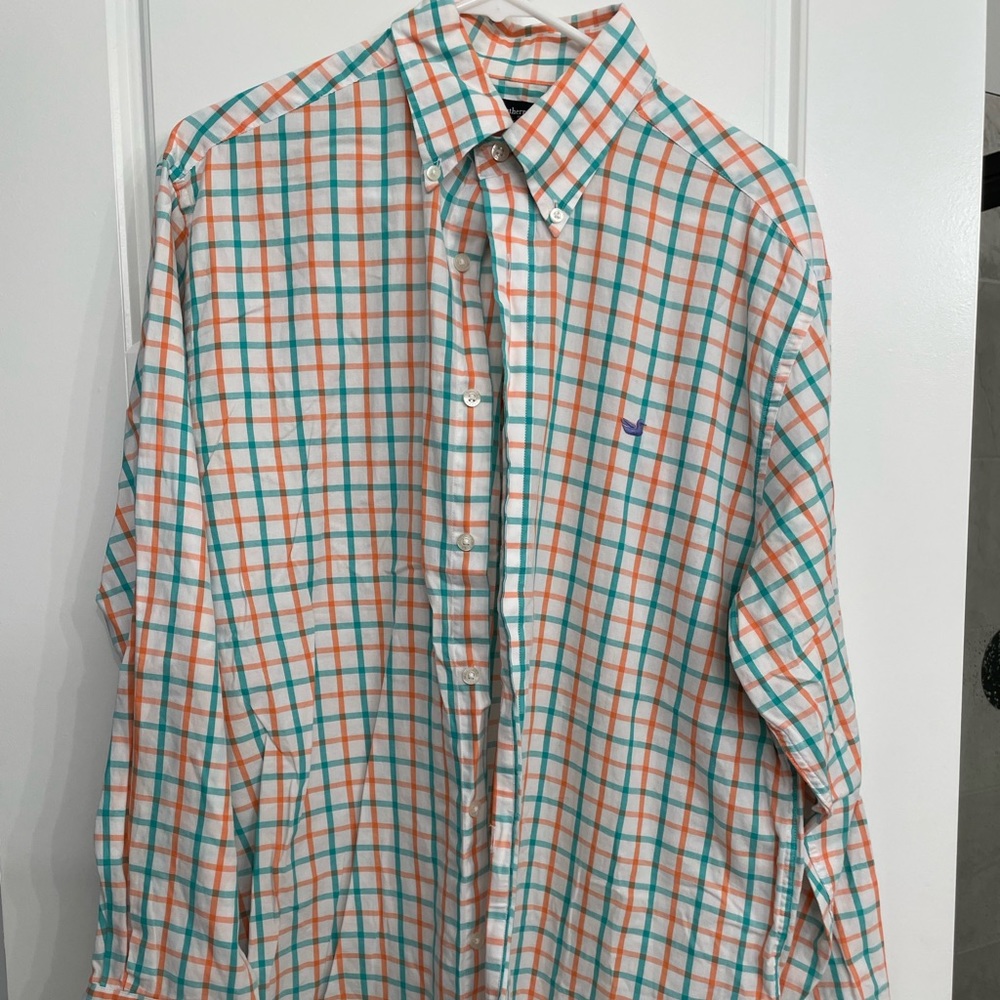 Southern marsh long sleeve button down teal and orange checkered